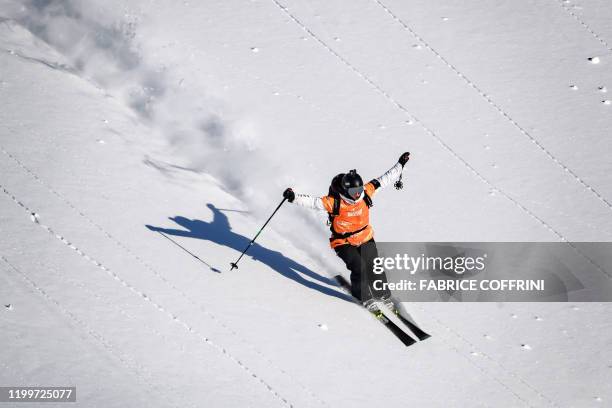 This image taken on February 7, 2020 shows freeride skier Jessica Hotter of New Zealand competing during the Women's ski event of the second stage of...