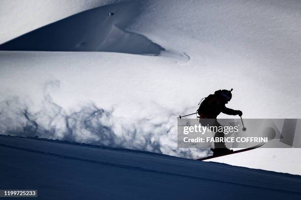 This image taken on February 7, 2020 shows freeride skier Evelina Nilsson of Sweden competing during the Women's ski event of the second stage of the...