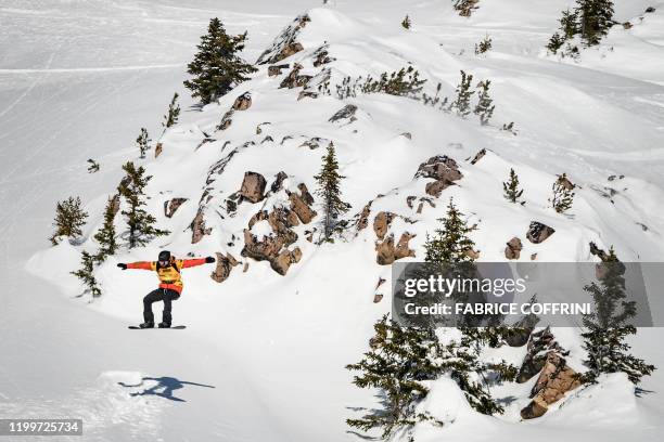 This image taken on February 7, 2020 shows freeride snowborder Victor De Le Rue of France competing during the Men's snowboard event of the second...