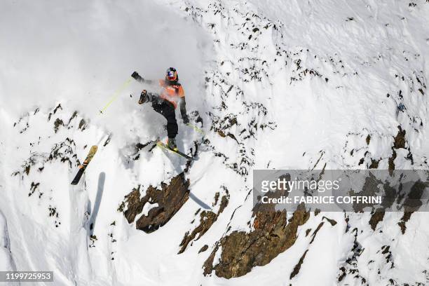 This image taken on February 7, 2020 shows freeride skier Logan Pehota of Canada loosing a ski while competing during the Men's ski event of the...