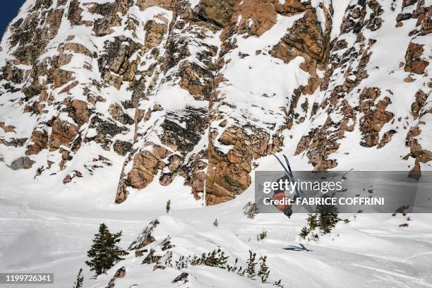 This image taken on February 7, 2020 shows freeride skier Carl Regner Eriksson of Sweden competing during the Men's ski event of the second stage of...