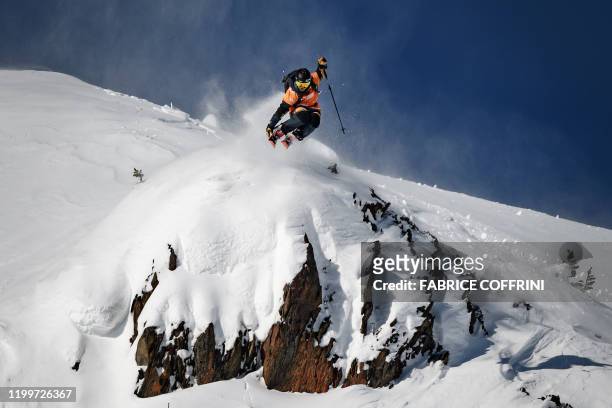 This image taken on February 7, 2020 shows freeride skier Yu Sasaki of Japan competing during the Men's ski event of the second stage of the Freeride...