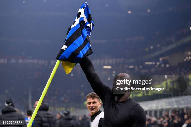 Romelu Lukaku of FC Internazionale Milano, celebrates his goal the 4-2 during the Italian Serie A match between Internazionale v AC Milan at the San...