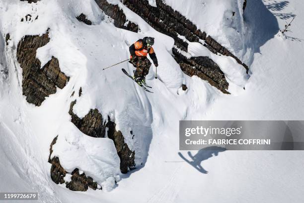This image taken on February 7, 2020 shows freeride skier Tanner Hall of the US competing during the Men's ski event of the second stage of the...