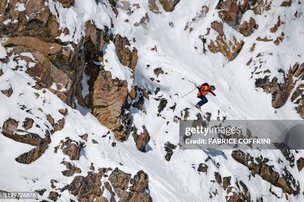 This image taken on February 7, 2020 shows freeride skier Reine Barkered of Sweden competing during the Men's ski event of the second stage of the...