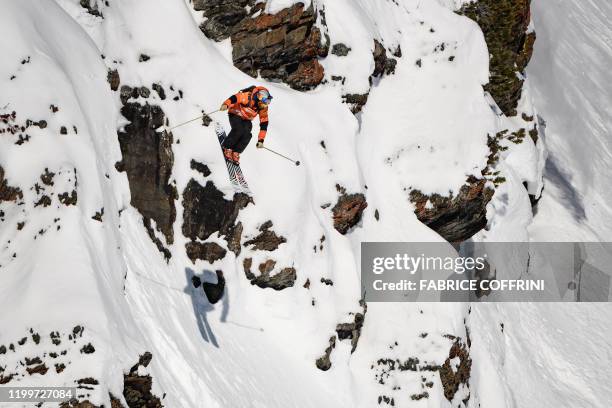 This image taken on February 7, 2020 shows freeride skier Kristofer Turdell of Sweden competing during the Men's ski event of the second stage of the...