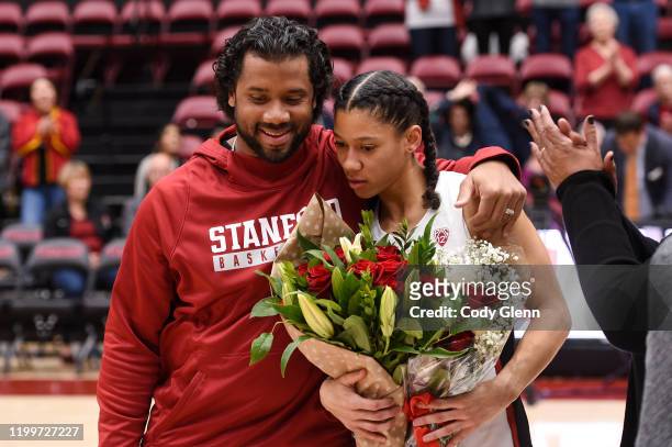 Seattle Seahawks quarterback Russell Wilson congratulates his younger sister Anna Wilson of the Stanford Cardinal on senior day after the NCAA...