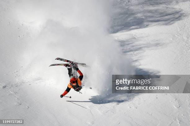 This image taken on February 7, 2020 shows freeride skier Yann Rausis of Switzerland falling while competing during the Men's ski event of the second...