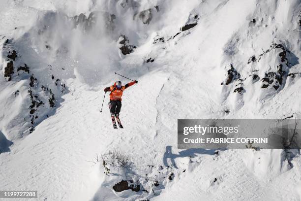 This image taken on February 7, 2020 shows freeride skier Yann Rausis of Switzerland competing during the Men's ski event of the second stage of the...