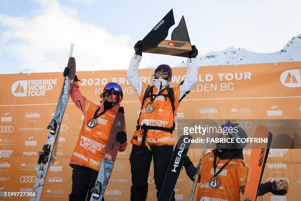 This image taken on February 7, 2020 shows the podium of the women's freeride ski competition second placed Arianna Tricomi of Italy, winner Jessica...