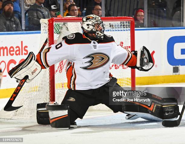 Ryan Miller of the Anaheim Ducks makes a save against the Buffalo Sabres during an NHL game on February 9, 2020 at KeyBank Center in Buffalo, New...