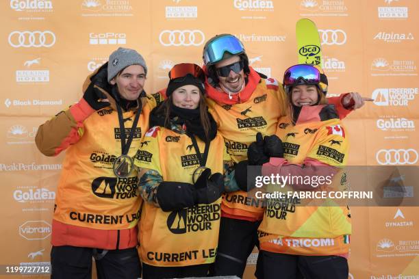 This image taken on February 7, 2020 shows the current overall leaders of the Freeride World Tour Men's snowboard category Victor De Le Rue of...