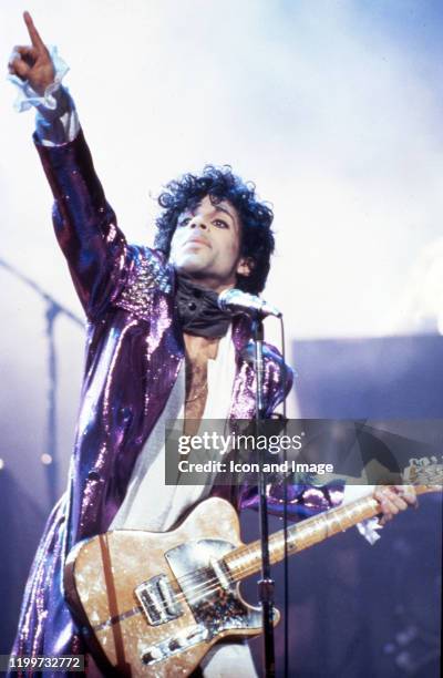 American singer Prince performs onstage during the 1984 Purple Rain Tour on November 4 at the Joe Louis Arena in Detroit, Michigan.