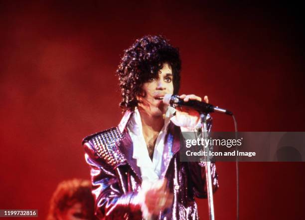 American singer Prince performs onstage during the 1984 Purple Rain Tour on November 4 at the Joe Louis Arena in Detroit, Michigan.