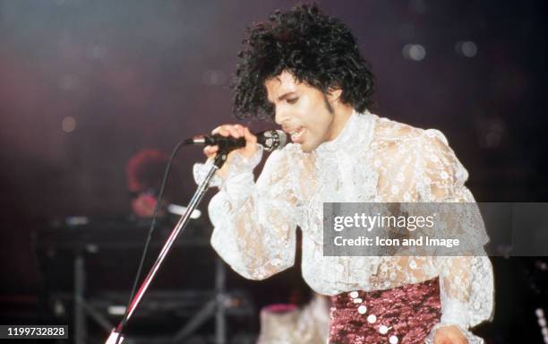 American singer Prince performs onstage during the 1984 Purple Rain Tour on November 4 at the Joe Louis Arena in Detroit, Michigan.