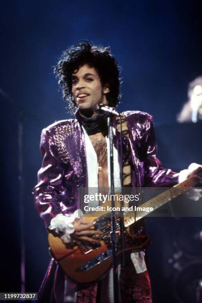 American singer Prince performs onstage during the 1984 Purple Rain Tour on November 4 at the Joe Louis Arena in Detroit, Michigan.