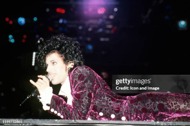 American singer Prince performs onstage during the 1984 Purple Rain Tour on November 4 at the Joe Louis Arena in Detroit, Michigan.