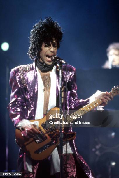 American singer Prince performs onstage during the 1984 Purple Rain Tour on November 4 at the Joe Louis Arena in Detroit, Michigan.