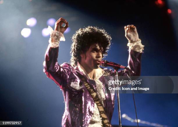 American singer Prince performs onstage during the 1984 Purple Rain Tour on November 4 at the Joe Louis Arena in Detroit, Michigan.