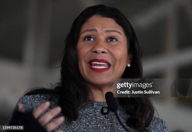 San Francisco Mayor London Breed speaks during a news conference at the future site of a Transitional Age Youth Navigation Center on January 15, 2020...