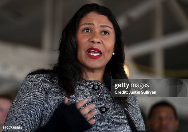San Francisco Mayor London Breed speaks during a news conference at the future site of a Transitional Age Youth Navigation Center on January 15, 2020...