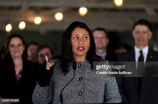 San Francisco Mayor London Breed speaks during a news conference at the future site of a Transitional Age Youth Navigation Center on January 15, 2020...