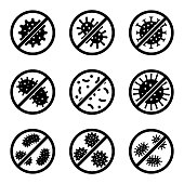 Antibacterial and antiviral defence set icon. Stop bacteria and viruses prohibition sign , logo isolated on white background