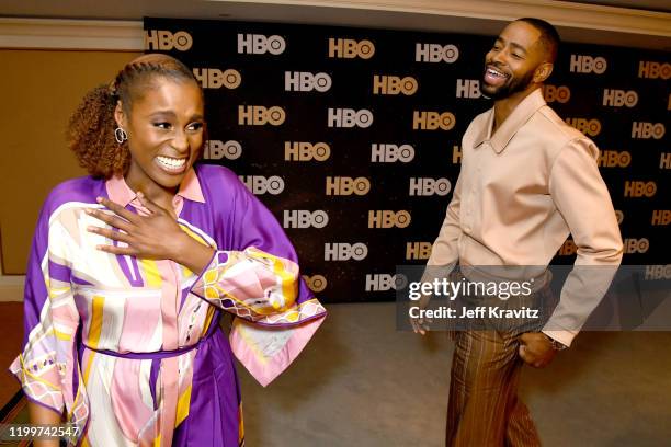 Issa Rae and Jay Ellis of 'Insecure' pose in the green room during the 2020 Winter Television Critics Association Press Tour at The Langham...