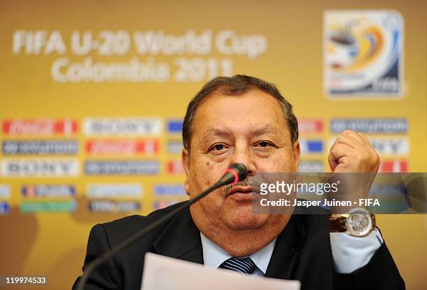 Executive committee member Rafael Salguero speaks to the media during the FIFA U-20 World Cup Colombia 2011 organizing committee press conference on...