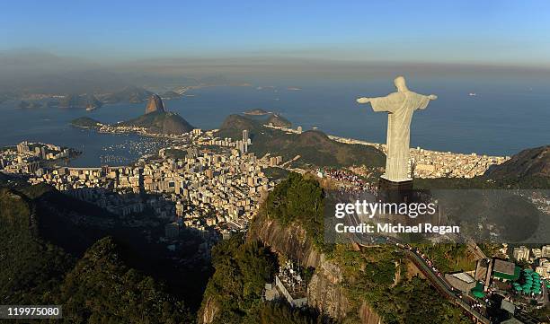 An arial view of the 'Christ the Redeemer' statue on top of Corcovado mountain on July 27, 2011 in Rio de Janeiro, Brazil.