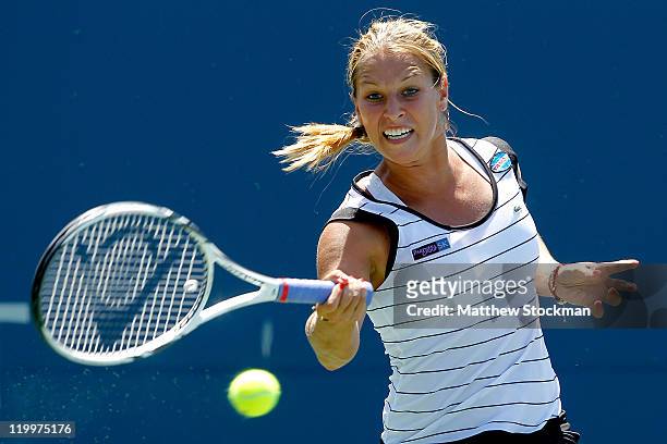 Dominika Cibulkova of Slovakia returns a shot to Christina McHale during the Bank of the West Classic at the Taube Family Tennis Stadium on July 27,...