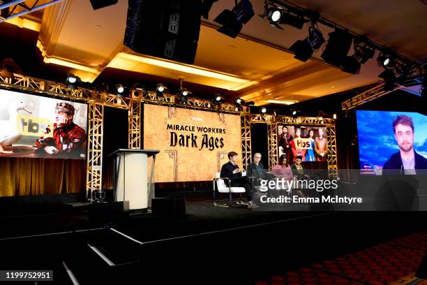 Simon Rich, Steve Buscemi, Geraldine Viswanathan, Karan Soni and Daniel Radcliffe via satellite of 'Miracle Workers: Dark Ages' appear onstage during...