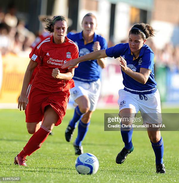 Rachel Unitt of Everton competes with Gemma Watson of Liverpool during the FA WSL match between Everton Ladies FC and Liverpool Ladies FC at the...