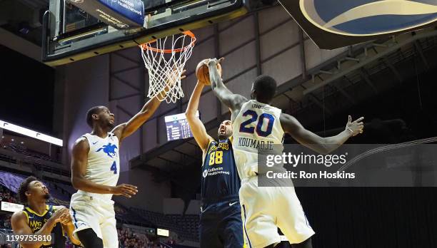 Goga Bitadze of the Fort Wayne Mad Ants shoots the ball against the Delaware Blue Coats on February 09, 2020 at Memorial Coliseum in Fort Wayne,...