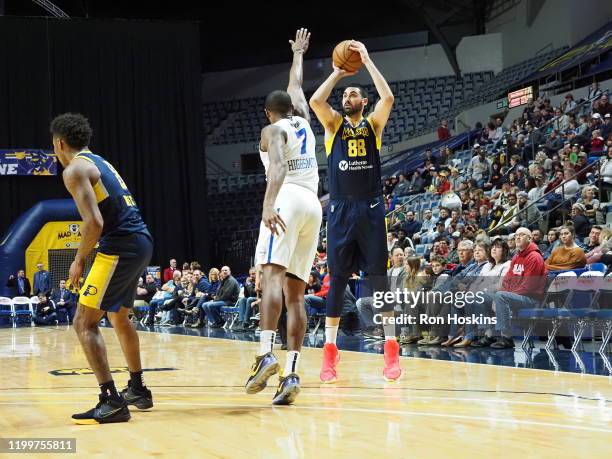 Goga Bitadze of the Fort Wayne Mad Ants shoots the ball against the Delaware Blue Coats on February 09, 2020 at Memorial Coliseum in Fort Wayne,...