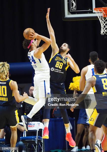 Michael Bryson of the Delaware Blue Coats shoots the ball against the Fort Wayne Mad Ants on February 09, 2020 at Memorial Coliseum in Fort Wayne,...