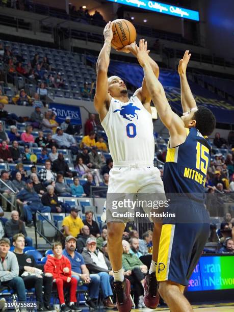 Justin Robinson of the Delaware Blue Coats shoots the ball against the Minnesota Timberwolves on February 09, 2020 at Memorial Coliseum in Fort...