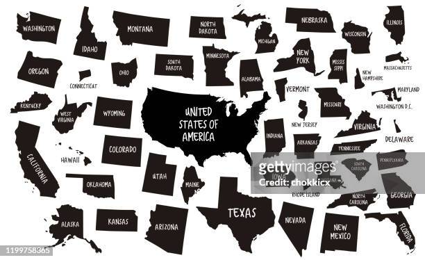 illustrazioni stock, clip art, cartoni animati e icone di tendenza di mappe usa e 50 stati - stati uniti d'america