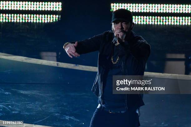 Rapper Eminem performs onstage during the 92nd Oscars at the Dolby Theatre in Hollywood, California on February 9, 2020.