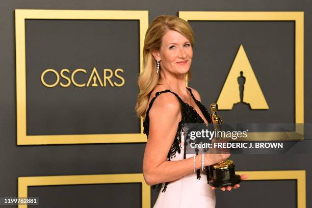 Actress Laura Dern poses with the award for Best Actress in a Supporting Role for "Marriage Story" in the press room during the 92nd Oscars at the...