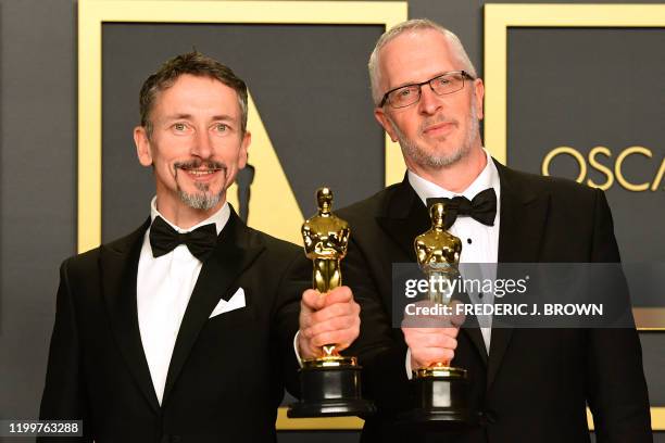 British sound eingineers Mark Taylor and British sound engineer Stuart Wilson pose with their awards for Best Sound Mixing for "1917" in the press...