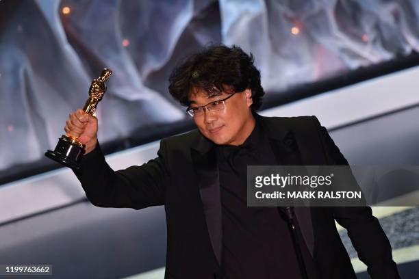 South Korean director Bong Joon-ho accepts the award for Best International Feature Film for "Parasite" during the 92nd Oscars at the Dolby Theatre...