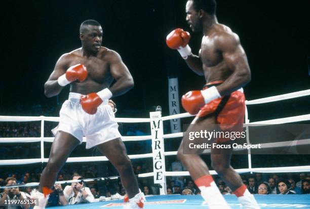 Evander Holyfield and Buster Douglas fight for the WBC, WBA and IBF heavyweight tittle on October 25, 1990 at The Mirage in Las Vegas, Nevada....