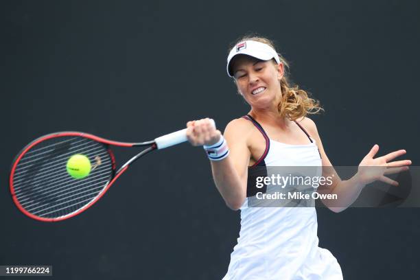 Olivia Rogowska of Australia plays a forehand during a match against Nuria Parrizas Diaz of Spain during 2020 Australian Open Qualifying at Melbourne...