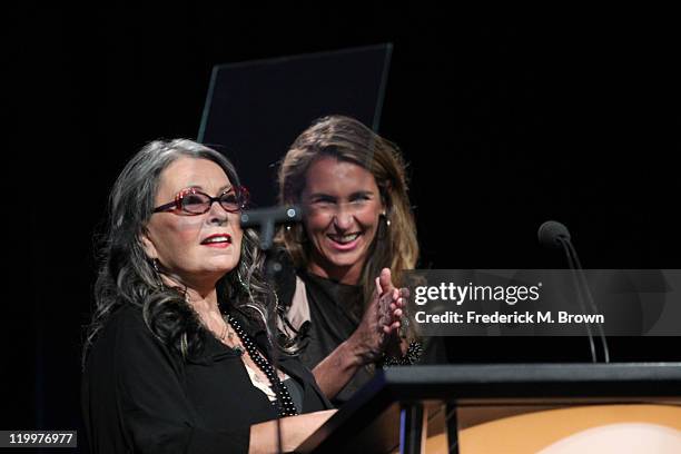 Comedian Roseanne Barr and President and General Manager of History and Lifetime Networks Nancy Dubuc speak during the History and Lifetime portion...