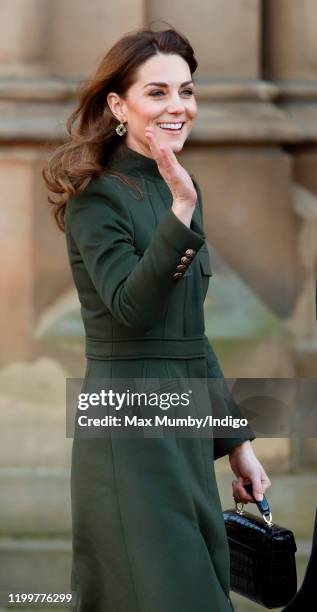 Catherine, Duchess of Cambridge arrives for a visit to City Hall in Bradford's Centenary Square before meeting members of the public during a...