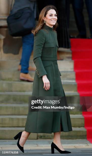 Catherine, Duchess of Cambridge arrives for a visit to City Hall in Bradford's Centenary Square before meeting members of the public during a...