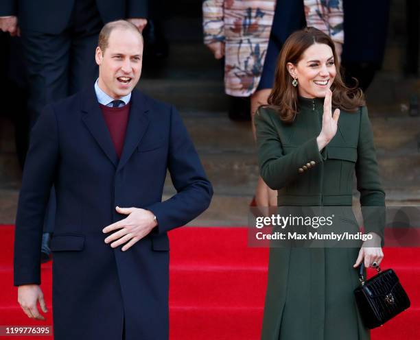 Prince William, Duke of Cambridge and Catherine, Duchess of Cambridge depart City Hall in Bradford's Centenary Square before meeting members of the...