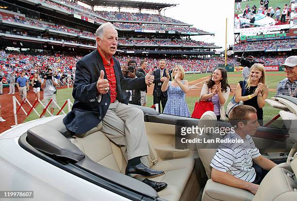 Former General Manager Pat Gillick of the Philadelphia Phillies is honored pregame for being inducted into the Baseball Hall of Fame prior to his...