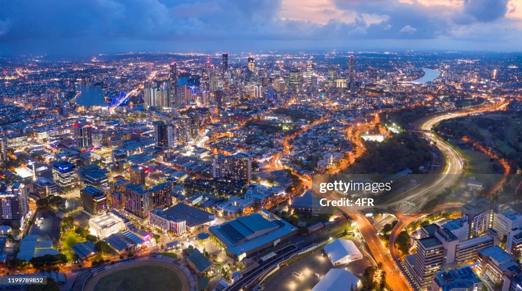 Brisbane Skyline Night Panorama with Story Bridge, Australia